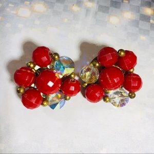 Vintage 60’s red and aurora borealis bead earrings